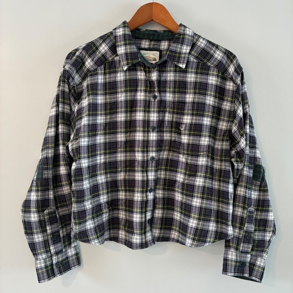 American Eagle Flannel Shirt Navy Green Plaid Button Down Wom M Cropped NWT